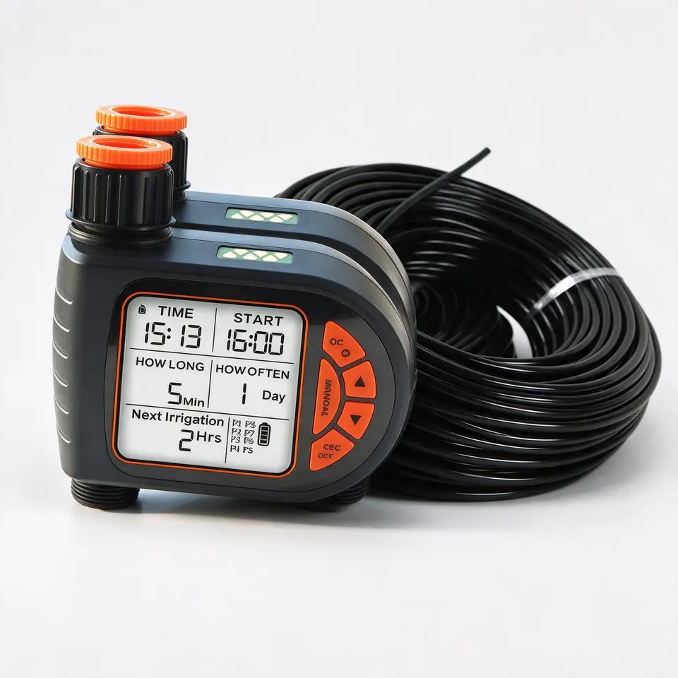 Drip irrigation kit with 8 watering programs and a 5 to 50 m hose on a light grey background