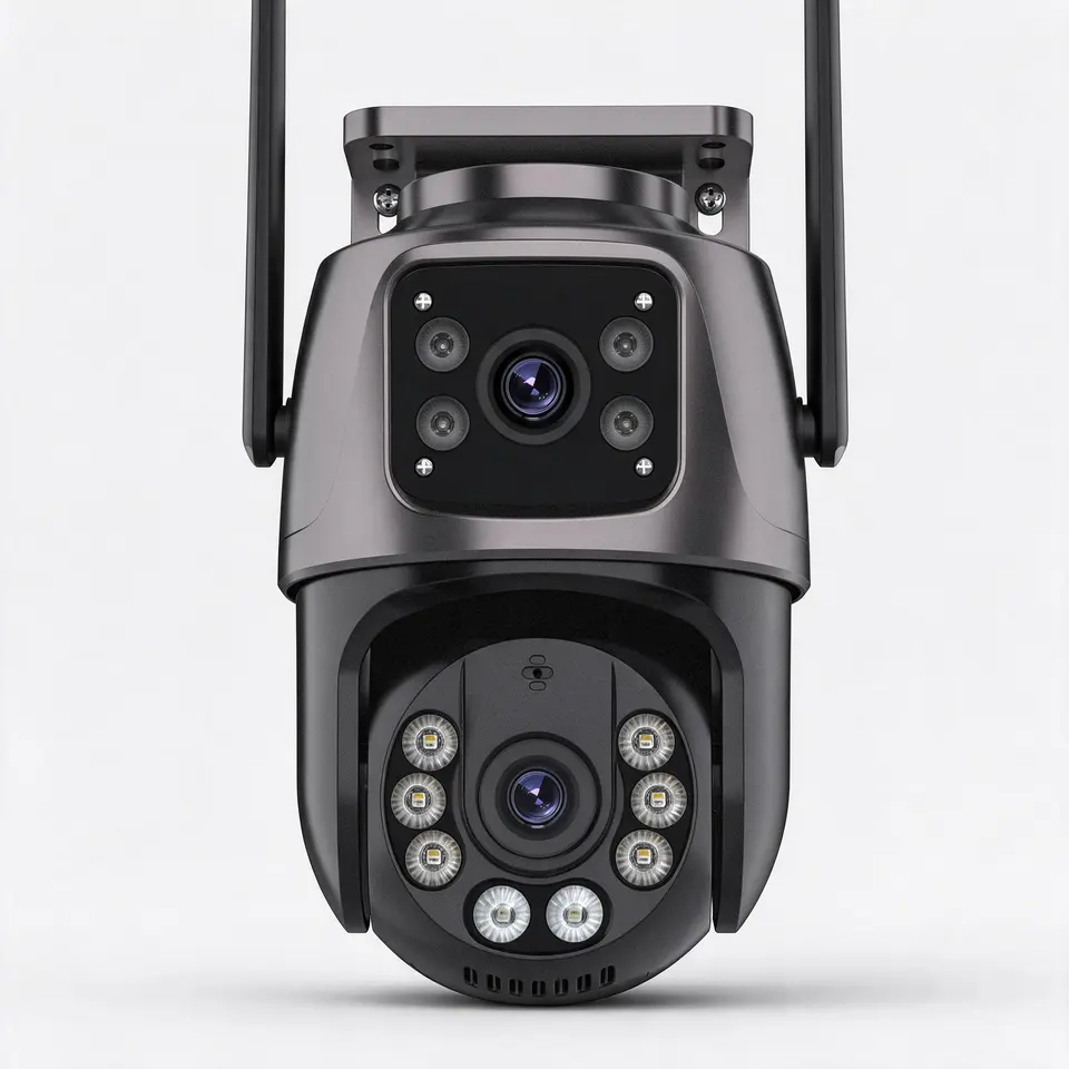 PTZ security camera with dual lens, 8 MP on a light grey background