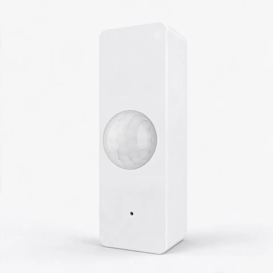 PIR motion sensor, 5 m range and 120° angle, works with Alexa, on light grey background
