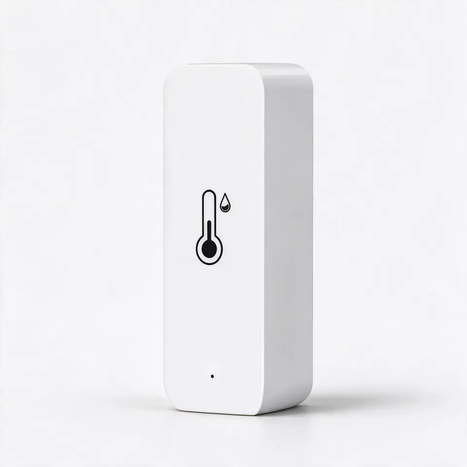 Temperature humidity sensor, Wi-Fi or Zigbee, works with Alexa, on a light grey background
