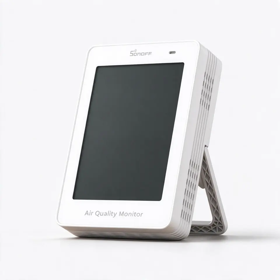 Indoor air quality monitor with CO2, temperature and humidity, Matter over Wi-Fi, on a light grey background
