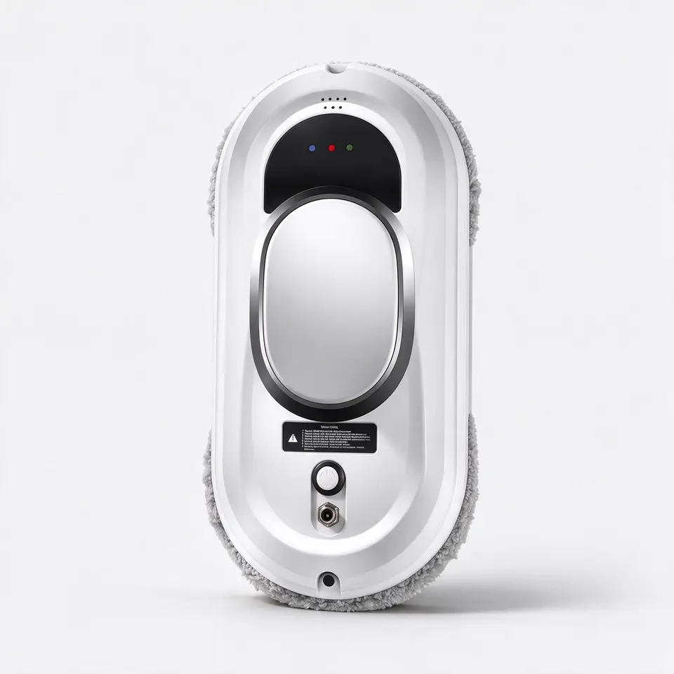 Window cleaning robot with 5600-6000 Pa suction and edge detection on a light grey background