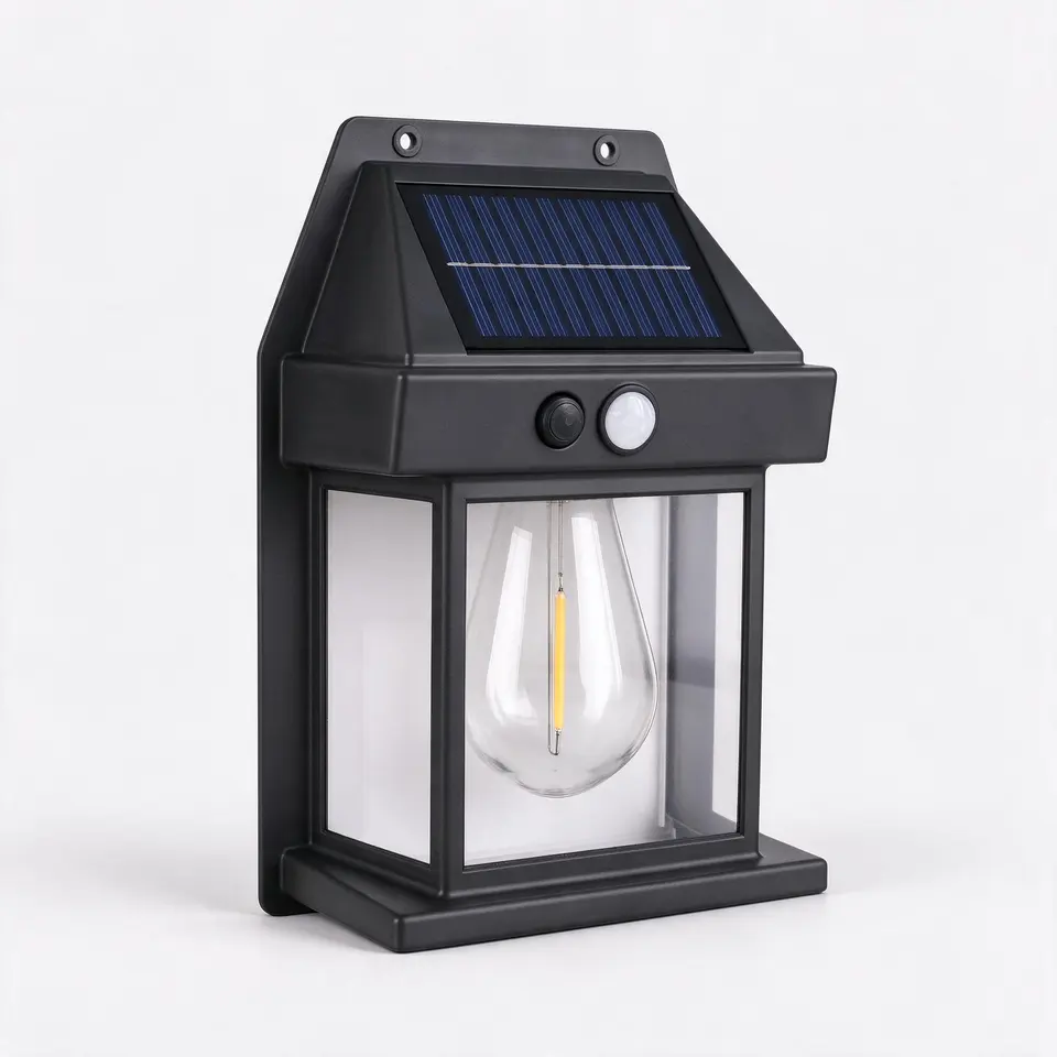 Solar wall light with motion sensor, 17 × 11 × 6 cm, on a light grey background