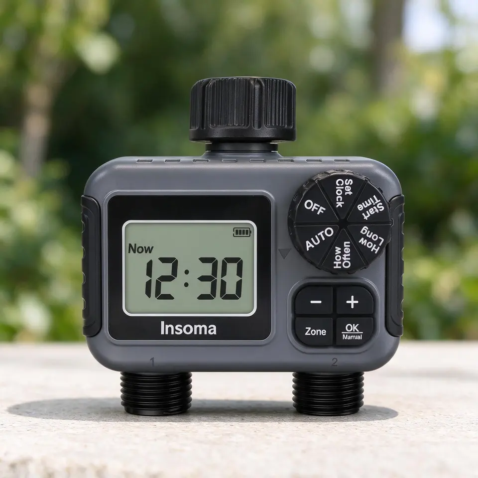 Side view of a 2-zone sprinkler timer with 3/4 in hose thread