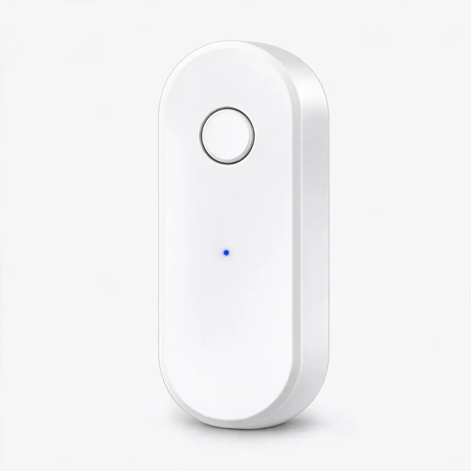 WiFi door sensor with 2.4 GHz Wi-Fi, compatible with Alexa and Google Home, on a light grey background