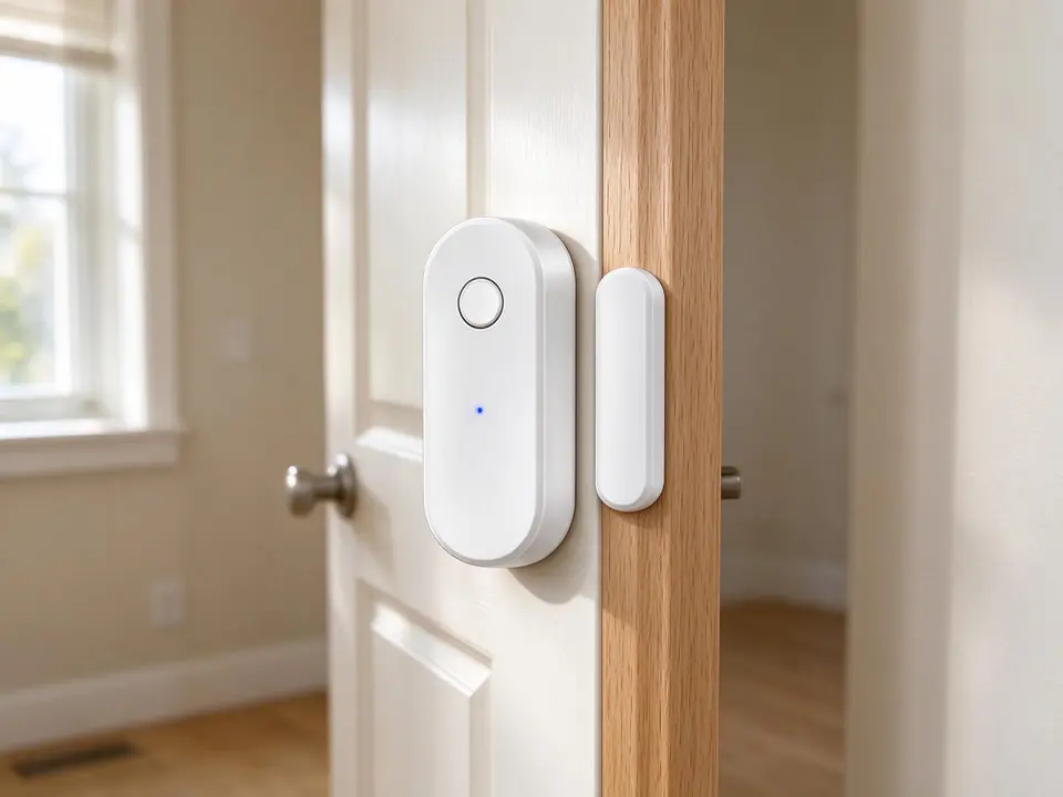 White Wi-Fi door sensor and its magnet fitted to a door and frame