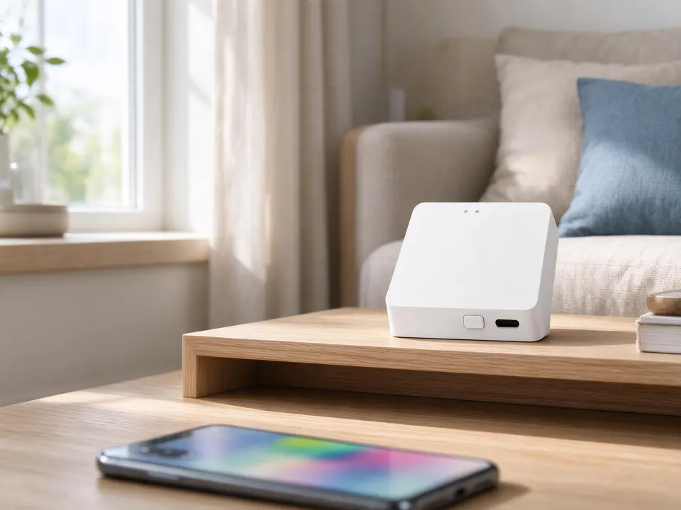 White Zigbee smart hub on a wooden coffee table in a living room, with a phone beside it