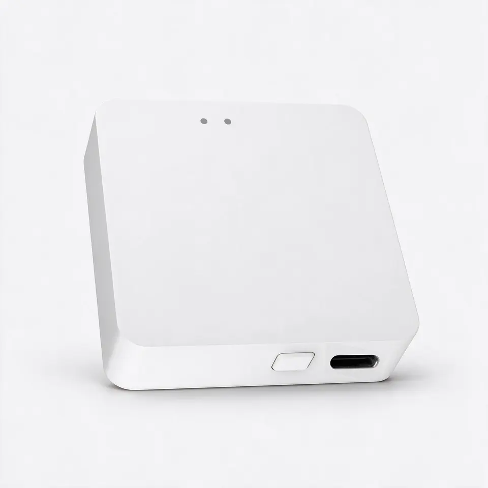 Zigbee smart hub with ZigBee 3.0, 2.4G Wi-Fi and BLE on a light grey background