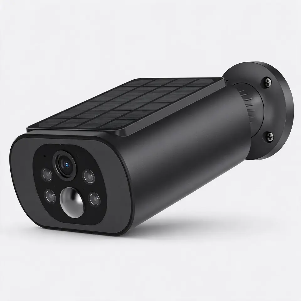 Wireless outdoor security camera, 2.5K 4MP, solar charging on a light grey background