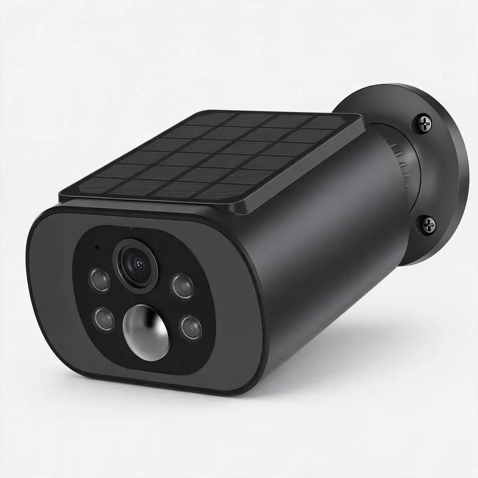 Two black wireless outdoor security cameras, 2.5K 4MP, with solar charging panels, on a light grey background