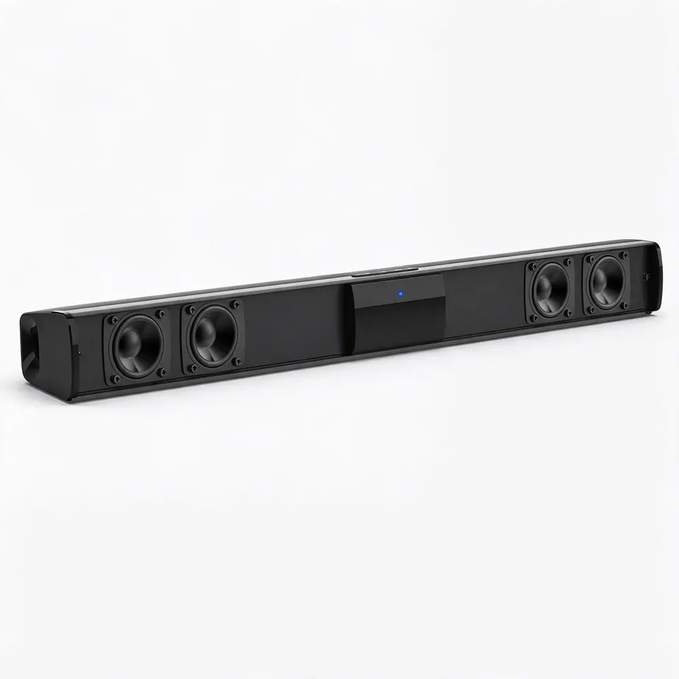 Bluetooth soundbar, 2.0 channels with four 5 W drivers and remote on a light grey background