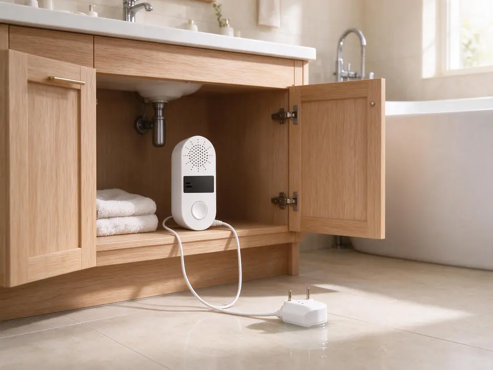Water leak sensor with the main unit on a cabinet shelf and its probe lying on the floor below