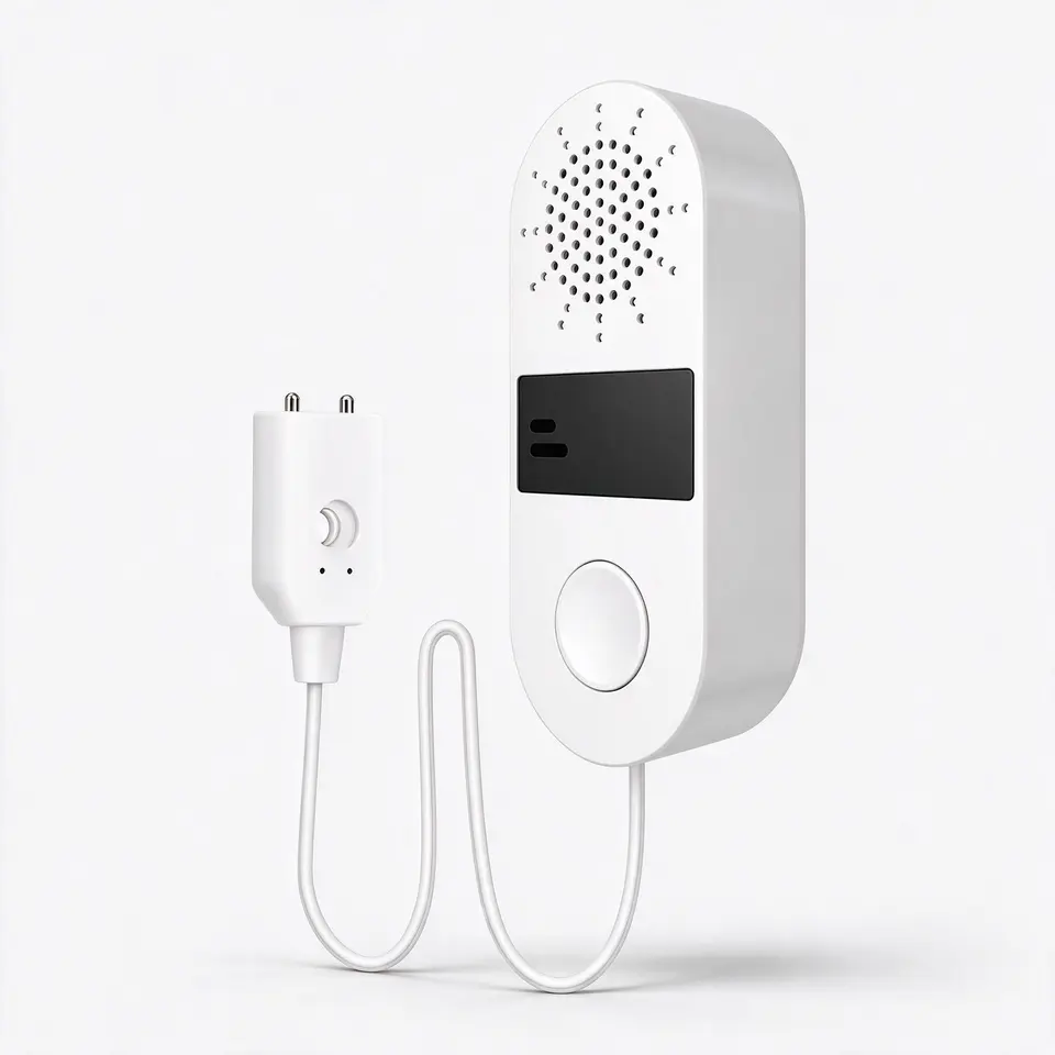 Water leak sensor with 130 dB alarm and 1 m probe cable on a light grey background