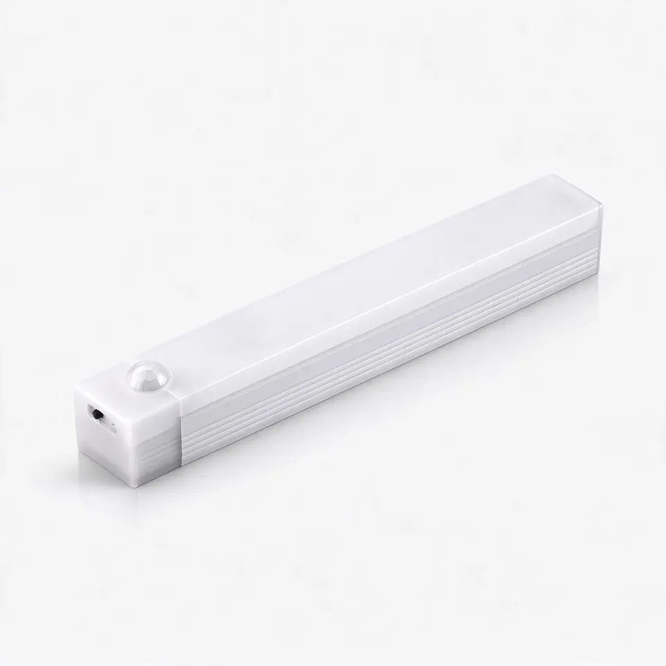 Motion sensor night light, USB rechargeable strip, 10 to 50 cm, cool white, on light grey background