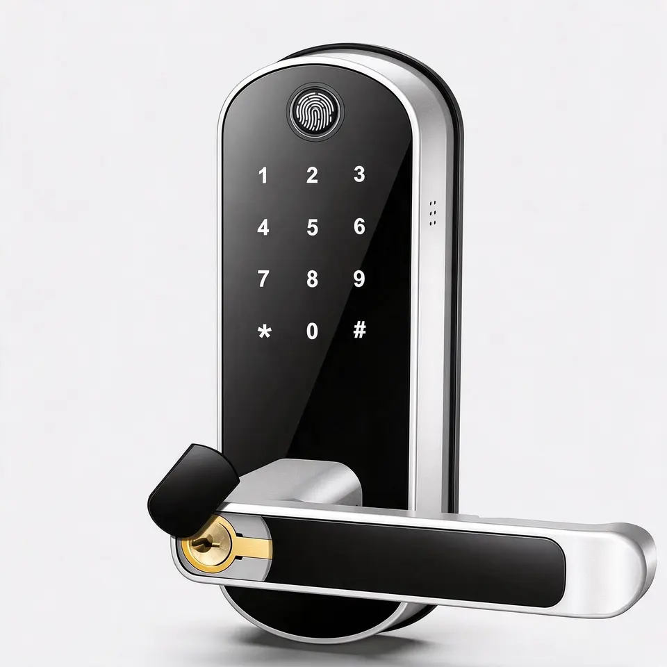 Keyless entry door lock with fingerprint and touchscreen on a light grey background