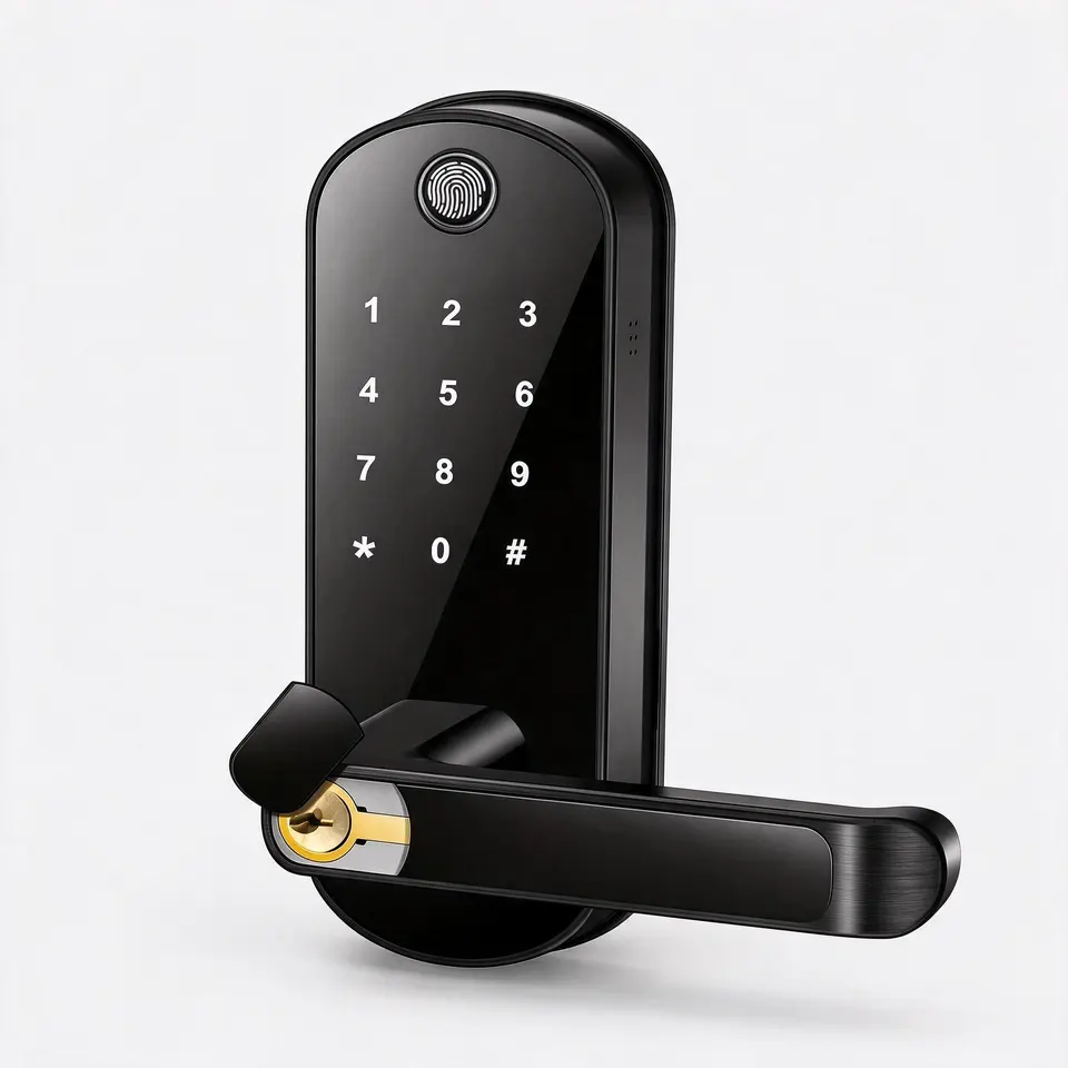 Black keyless entry door lock with fingerprint sensor and touchscreen on a light grey background