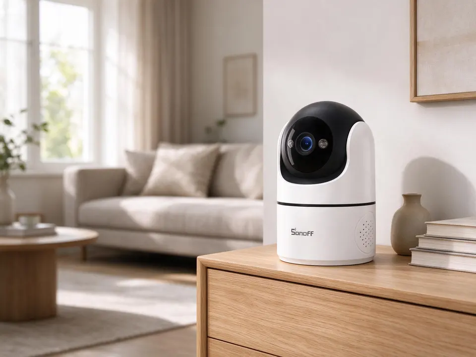 Indoor pan-tilt security camera on a wooden side table in a living room