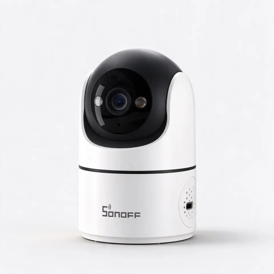 Indoor pan tilt camera, 1080p, works with Alexa, on light grey background